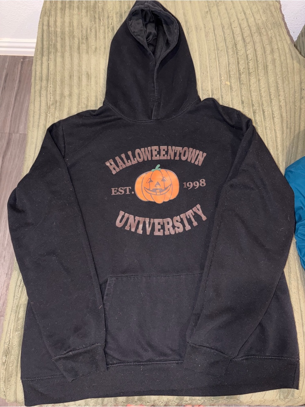 SHEIN Black Zip-Up Hoodie with Orange Pumpkin University Graphic